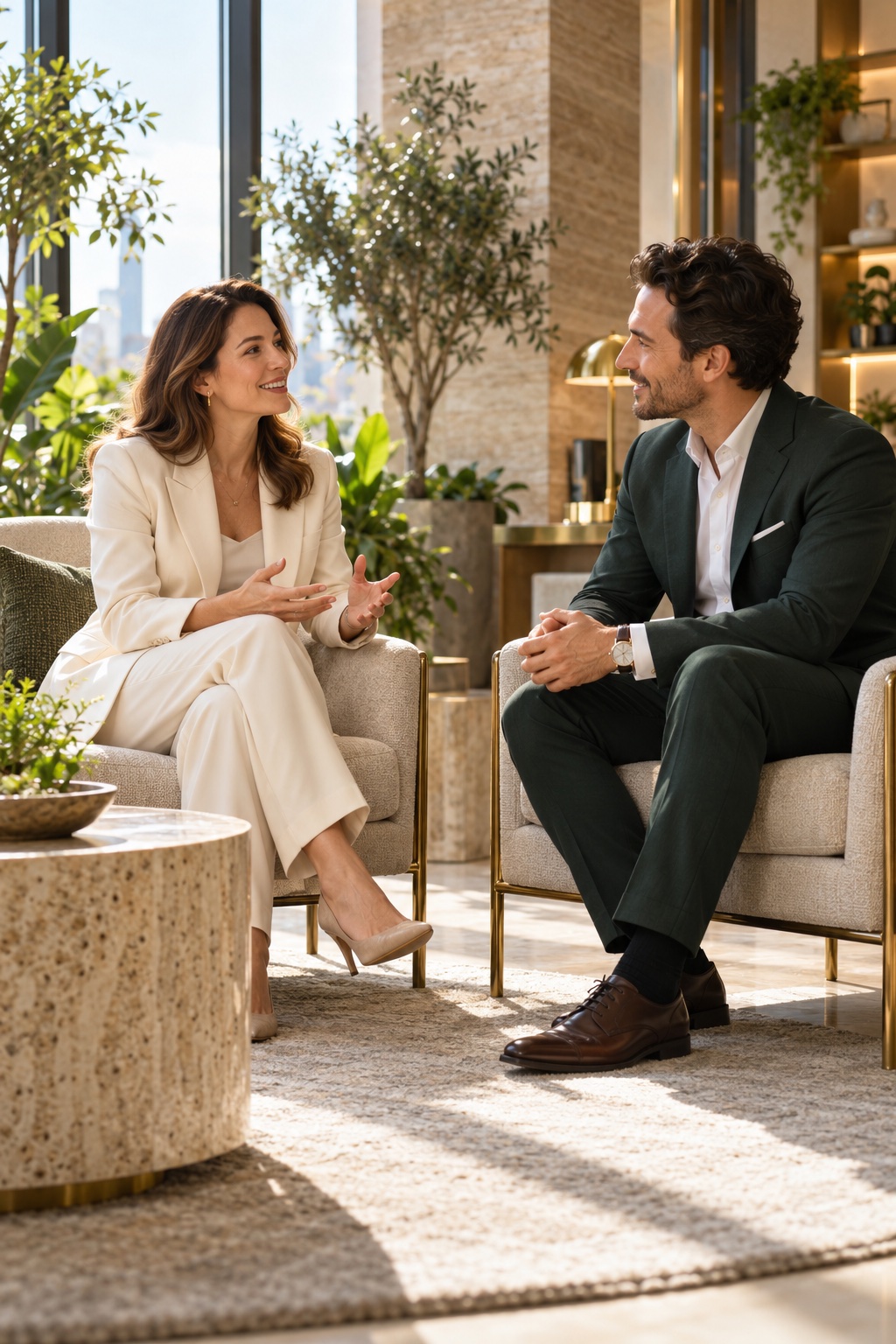 Two professionals sharing a thoughtful conversation in an elegant, greenery-filled lounge
